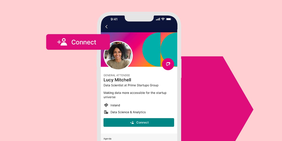 A phone screen showing the Web Summit mobile app. On the screen is an attendee's profile. Text reads 'General attendee. Lucy Mitchell. Data scientist at Prime Startups Group. Making data more accessible for the startup universe. Ireland. Data Science & Analytics.' A button below the text reads 'Connect'. A photo of a smiling person is in place as an avatar.
