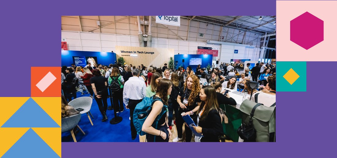 Attendees chat and mingle at the Women in Tech Lounge