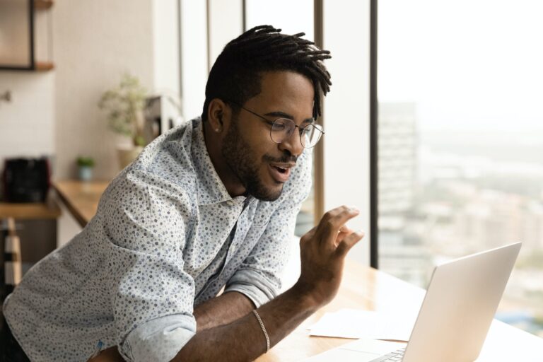 Remote worker engages in online meeting