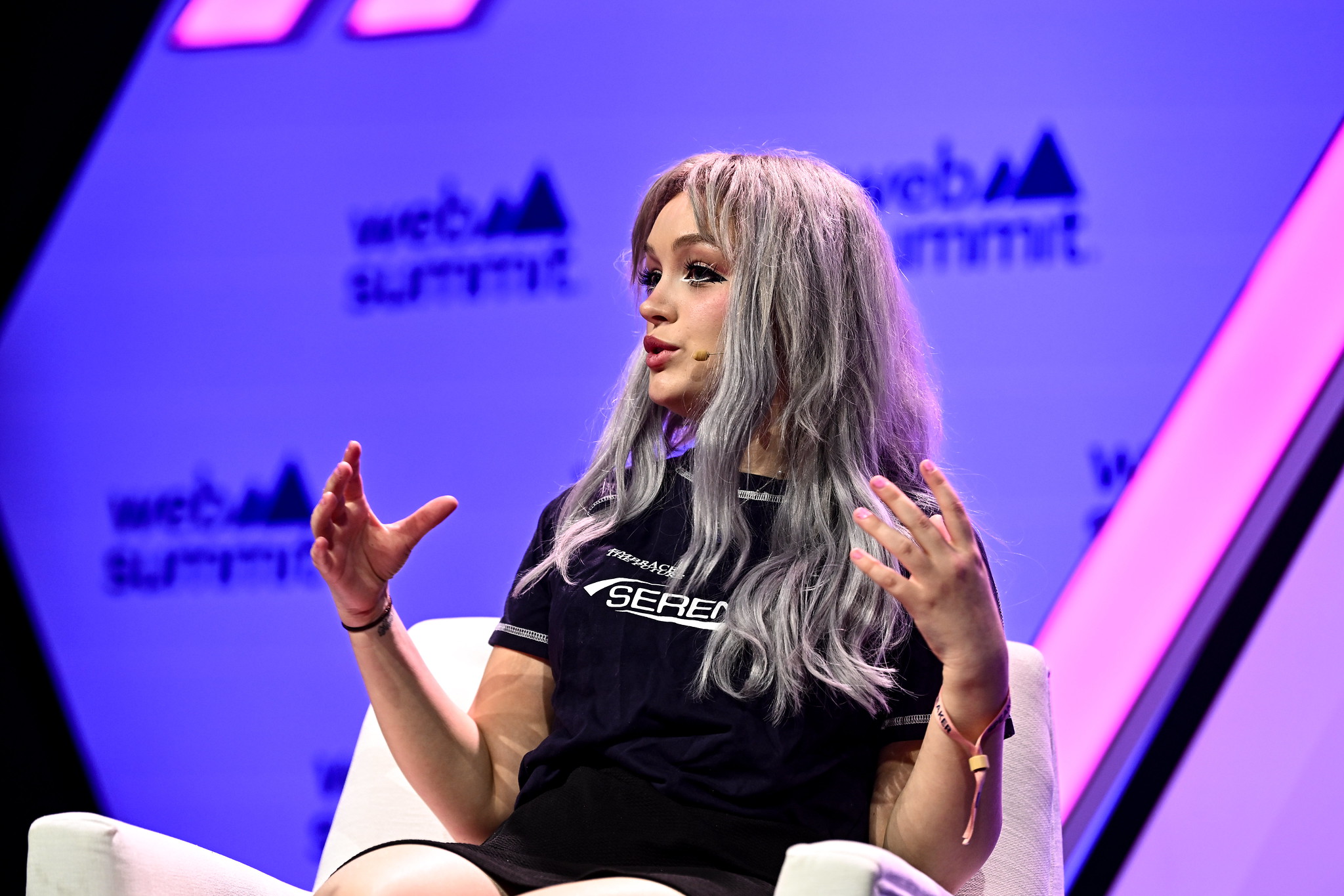 Shan "thepizzawaffle" Hadden, Twitch Streamer & Content Creator, Thepizzawaffle, on Verified Stage during day one of Web Summit 2023 at the Altice Arena in Lisbon, Portugal